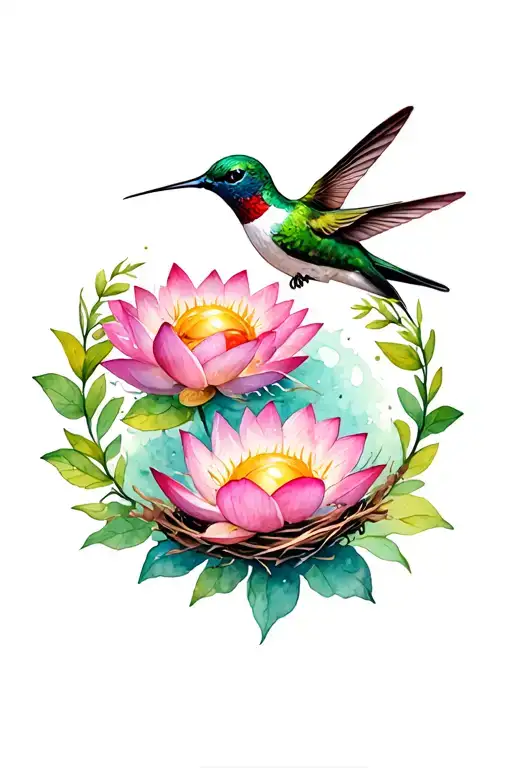 hummingbird nest with delicate eggs, in the center of a lotus flower on a wreath  tattoo design idea
