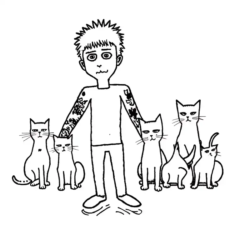 punk rock young man with gang of cats tattoo design idea