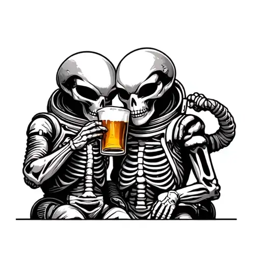 alien, skeleton, and astronaut drinking beer together tattoo design idea