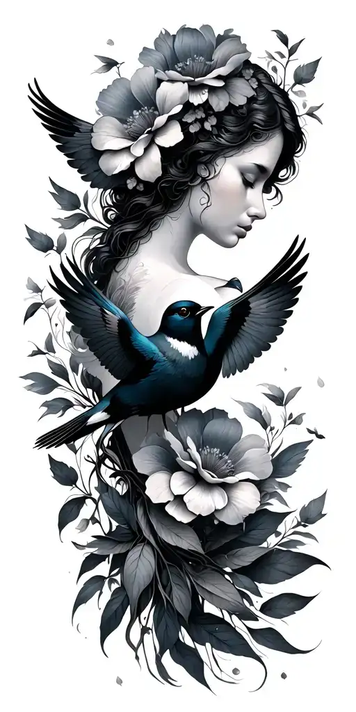 mother flowers and birds flying towards tattoo design idea
