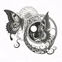 Sun and moon entwined with butterfly wings in a yin yang formation tattoo design idea