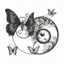 Sun and moon entwined with butterfly wings in a yin yang formation tattoo design idea