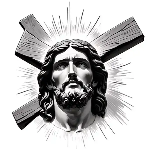  A hyper-realistic Jesus Christ on the cross, eyes looking upward, faint divine glow around Him. tattoo design idea