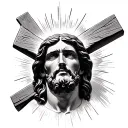  A hyper-realistic Jesus Christ on the cross, eyes looking upward, faint divine glow around Him. tattoo design idea
