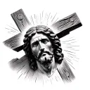  A hyper-realistic Jesus Christ on the cross, eyes looking upward, faint divine glow around Him. tattoo design idea