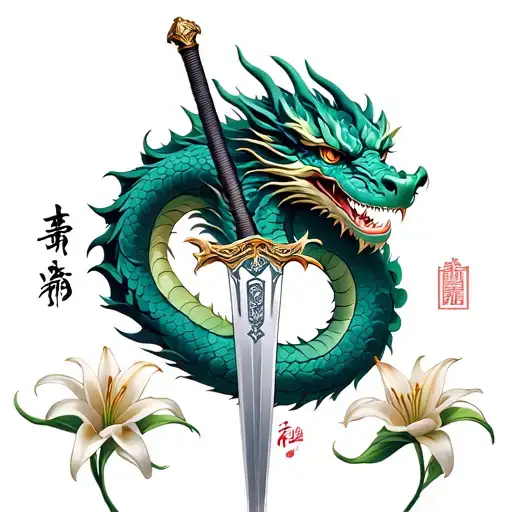 create a dragon wrapped around a sword facing downwards with lillies around with the chinese symbols love luck and hope  tattoo design idea