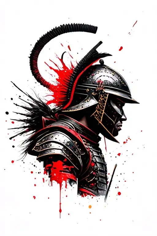 Samurai in a helmet and armor, to a waist, in profile tattoo design idea