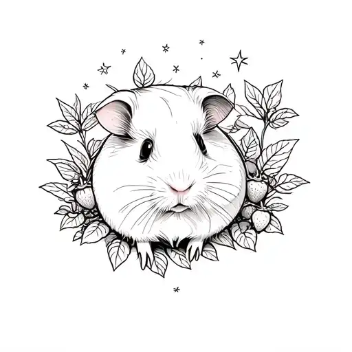 A guinea pig surrounded by strawberry plants with small star details. tattoo design idea