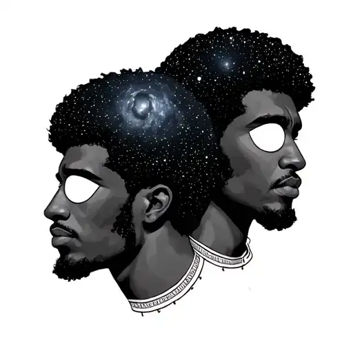 afrocentric male gemini twin gods with universe hair and blank eyes tattoo design idea