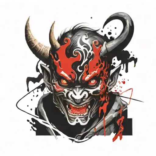 boy wearing an oni mask fighting off inner demons tattoo design idea