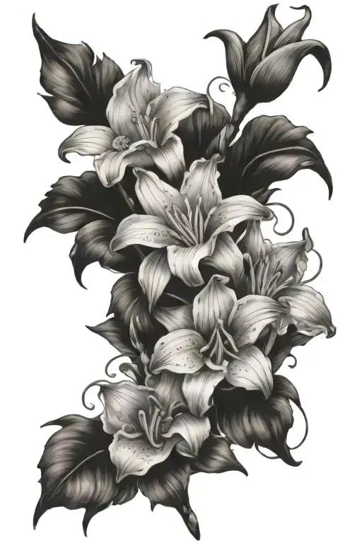 gladiolus, cosmos, rose, chrysanthemum, violet, lily of the valley tattoo design idea