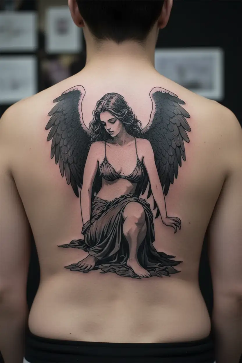 betrayed angel sitting tattoo design idea