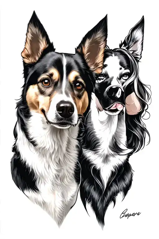 memorial tattoo for my dog with me and my wife looking at a portrait of him tattoo design idea