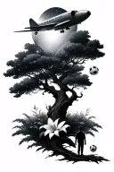 tree and supernova and jett plane and lilly flower and boy with soccer ball tattoo design idea
