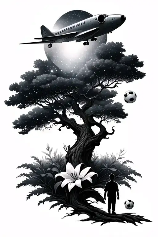 tree and supernova and jett plane and lilly flower and boy with soccer ball tattoo design idea