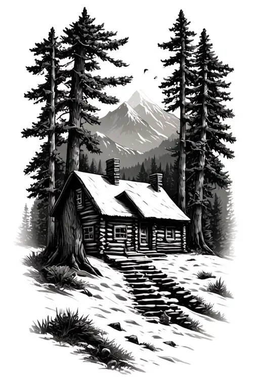 cabin in woods in mountains tattoo design idea