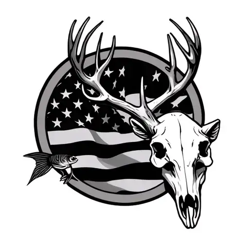american flag, deer skull, and fish tattoo design idea