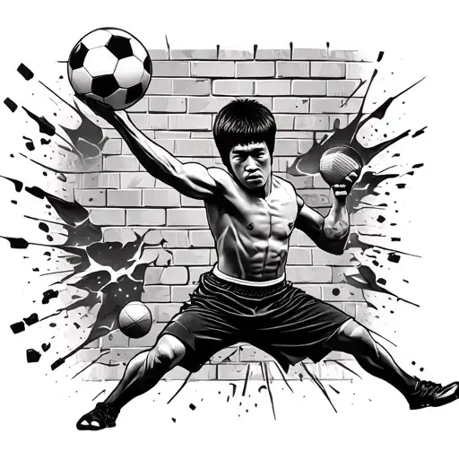 Bruce Lee mural on a brick wall and a soccer ball smashing the wall tattoo design idea