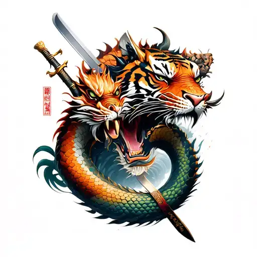 Japanese style, fight between life and death. dragon, tiger and snake, some samurai swords, some words. deep meaning. tattoo design idea