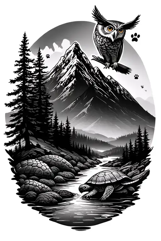mountain with river, bike gear, gator scales, pine tree, turtle with dog paw prints, owl overlooking on back tattoo design idea