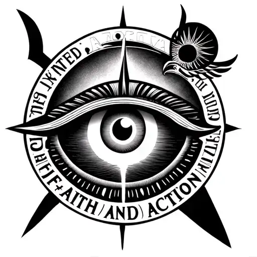 The eye of Horus embewed with a rising sun and setting moon, with an unk, and words Faith and Action tattoo design idea