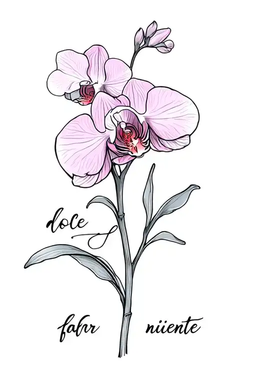 Girly tattoo with a Italian orchids in the background with “dolce far niente” written out in cursive, fine line tattoo design idea