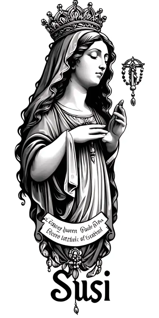 a tattoo of the mother queen with her eyes closed holding a rosary and the name susi written below tattoo design idea