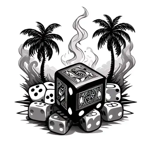 dice, cards, smoke with shaded palm trees in background tattoo design idea