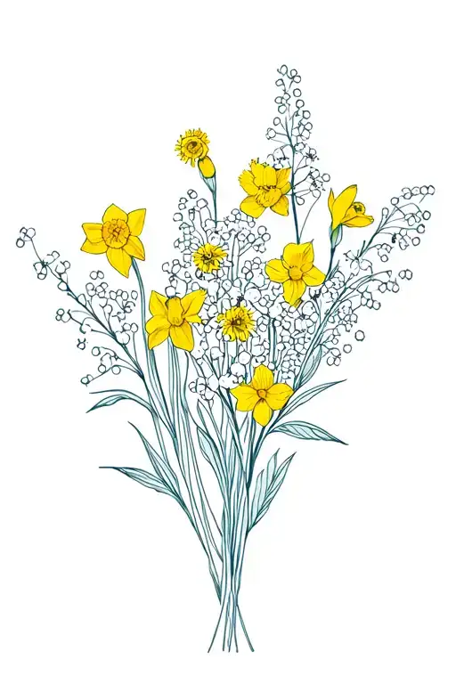 a bouquet of flowers with baby's breath, yellow daffodils, carnations, larkspur, and narcissus.  tattoo design idea
