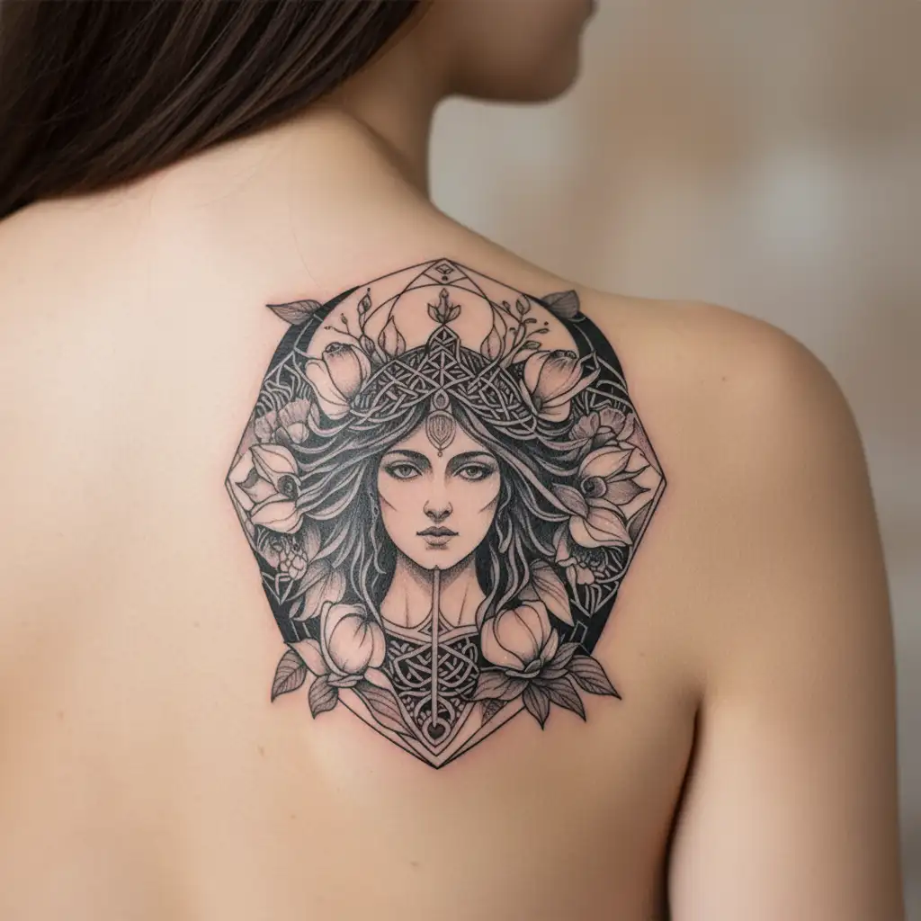 Celtic Goddess, Danu. Surrounded by Salmon, the moon and Moonflowers tattoo design idea