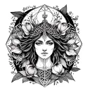 Celtic Goddess, Danu. Surrounded by Salmon, the moon and Moonflowers tattoo design idea