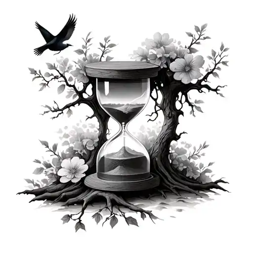 hourglass, half -dead oak tree half flowery, bird in the background tattoo design idea