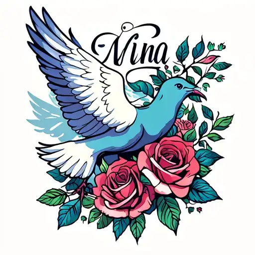 Word Mina with dove and roses wrapped tattoo design idea