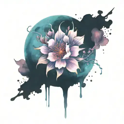 moon, cherry blossom, semicolon, pentagram, vilkiung runes, medusa -  coverup forearm black and aquacolor tattoo design idea