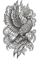 a simplified phoenix with hearts in wings spread tattoo design idea