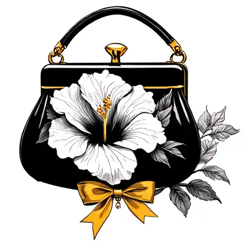 hibiscus tattoo with black purse and gold bow tattoo design idea