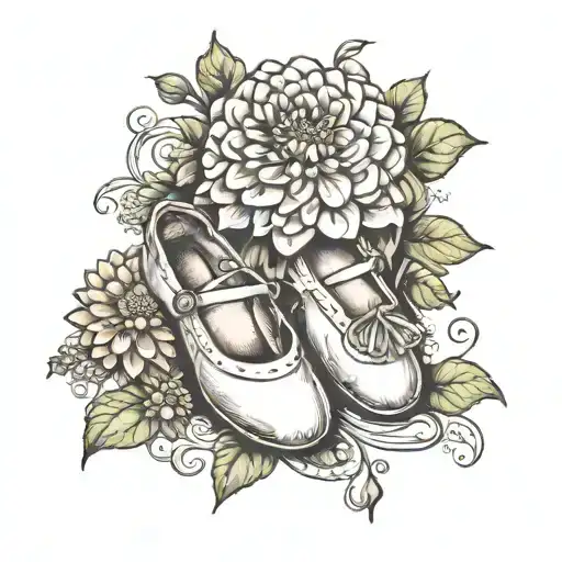ballet shoes and a zinnia flower tattoo design idea