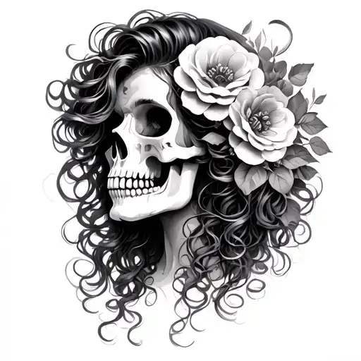 female skull with curly hair with flowers intertwined tattoo design idea