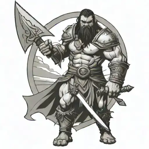 half orc fighter with battle axe and shield adorned silhouette tattoo design idea