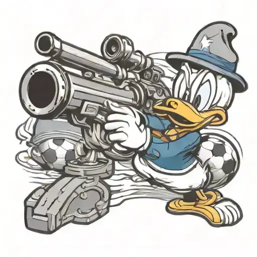 Donald Duck holding a m3 gun and soccer ball tattoo design idea