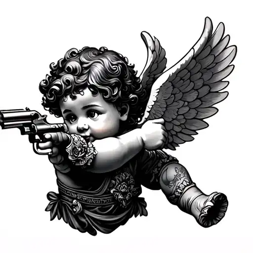 chinco style cherub with a gun shooting tattoo design idea