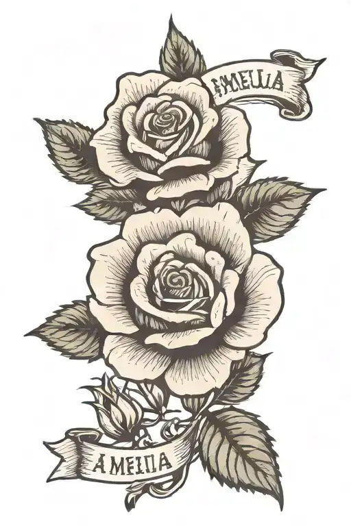 Rose background with name Amelia across it tattoo design idea