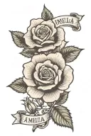 Rose background with name Amelia across it tattoo design idea