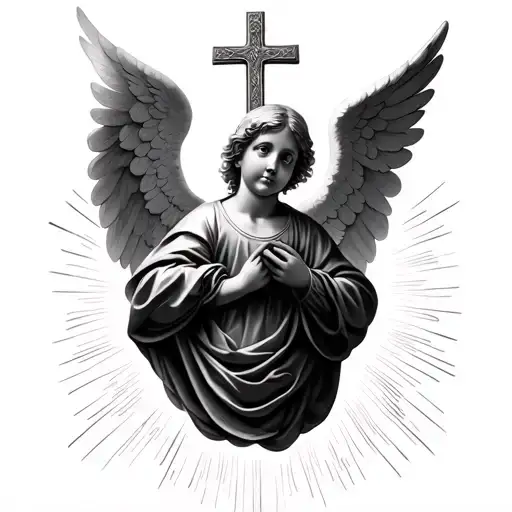 Above the child angel, whose hands are clasped together, is a tomb with a cross, and above it is a white dove with its wings spread, and light shines from behind the dove. make these realistic tattoo design idea