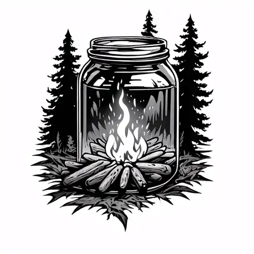 jar of pickles in a forest with a bonfire tattoo design idea