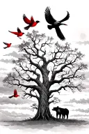 texas murelle tree,buck,bear,3 red birds in tree branch.2 red birds flying to sky cloudy background with sun shining  tattoo design idea