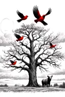 texas murelle tree,buck,bear,3 red birds in tree branch.2 red birds flying to sky cloudy background with sun shining  tattoo design idea