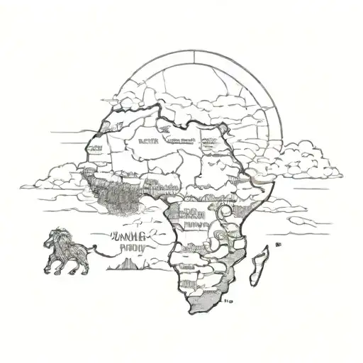 Africa map, with samuria and lion in side the map with a sun tattoo design idea