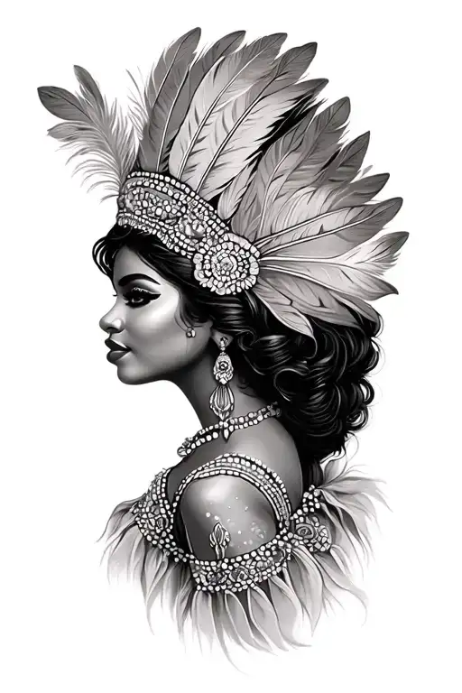 Latina lady face, chicano style, sexy, feather head dress tattoo design idea