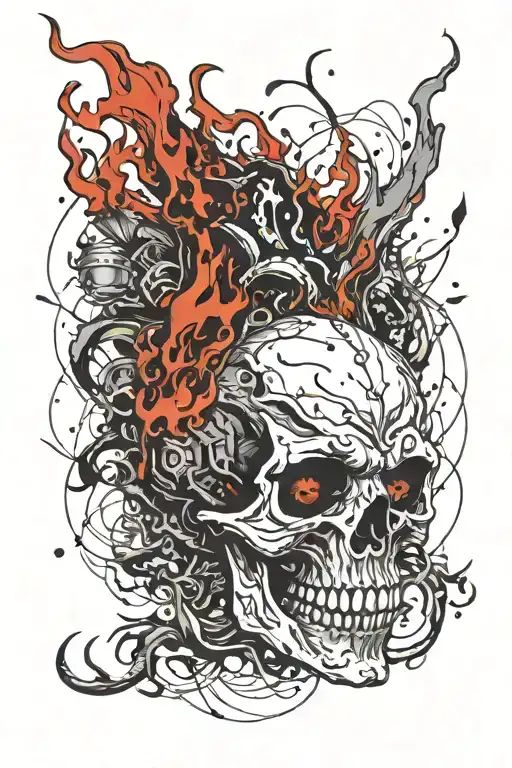Demonic Skull engulfed in flames tattoo design idea